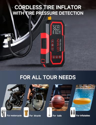 LEOWIN Jump Starter with Air Compressor Portable, Red | 4500A 12V Car Battery Jumper Starter (9.0 Gas/6.5L Diesel) with 150PSI Tire Inflator, with Smart Jumper Cables, LED Light - color: Red