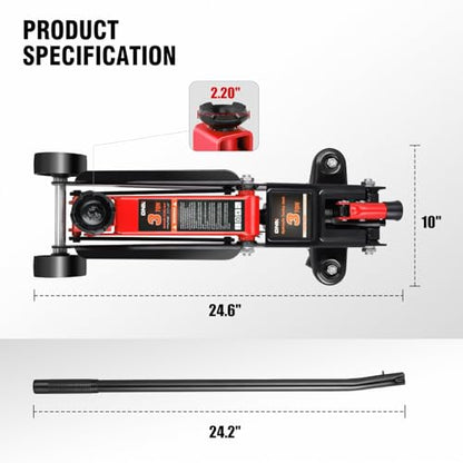 DNA Motoring 3 Ton Low Profile Floor Jack, 3 tons (6000 lbs) Capacity Fast Lift Hydraulic Trolley Service/Floor Jack, 7.7-21" Lifting Range, Red, TOOLS-00674-RD - color: Red, style: 3 ton