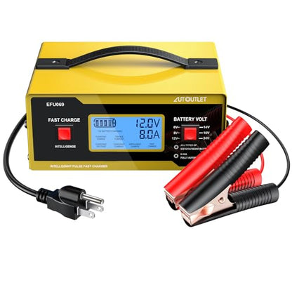 AUTOUTLET Upgraded 6/8/12/14/16/24V Battery Charger Automotive Smart Car Battery Charger and Trickle Maintainer 0-14A Fully Automatic with Cable Clamps for Lead-Acid Batteries(NOT Lithium Battery)