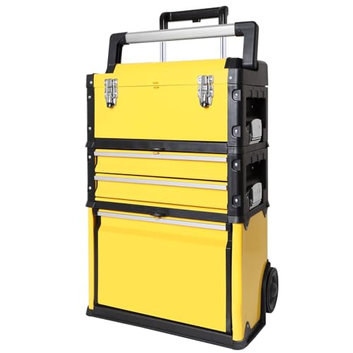 Stackable Rolling Tool Box Portable Metal Toolbox Organizer with Wheels and 2 Drawers Separate Rolling Upright Trolley Tool Chest for Garage or Workshop,Yellow - color: YELLOW