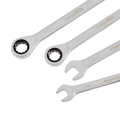 Amazon Basics Metric Ratcheting Wrench Set, 5-Piece, Chrome Vanadium Steel, 72-Tooth, 10mm, 11mm, 13mm, 14mm, 15mm, Black/Silver - color: Black/Silver, size: 5 Piece