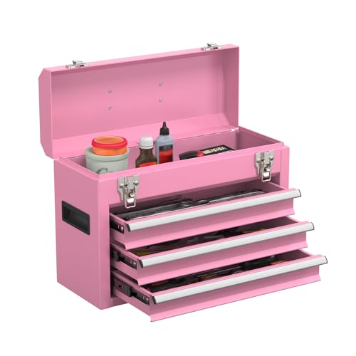 Portable Metal Tool Box with Drawers, Latches Tool Box with EVC Liners for Garage, Home and Workbench (Pink) - color: Pink
