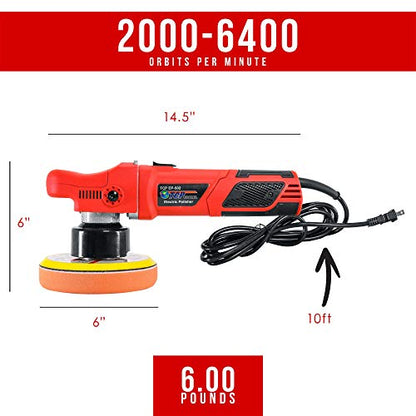 TCP Global EP-502-6" Variable Speed Random Orbit Dual-Action Polisher with Waffle Foam & Wool Pads - Professional Auto Paint Buffing & Polishing Kit