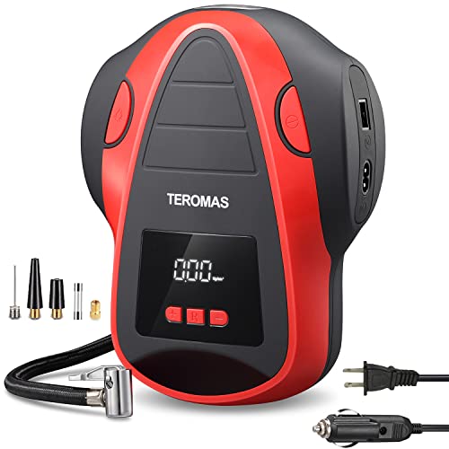 Tire Inflator Portable Air Compressor, Air Pump DC/AC for Car Tires 12V DC and Other Inflatables at Home 110V AC, Digital Electric Tire Pump with Pressure Gauge(Red) - color: Red