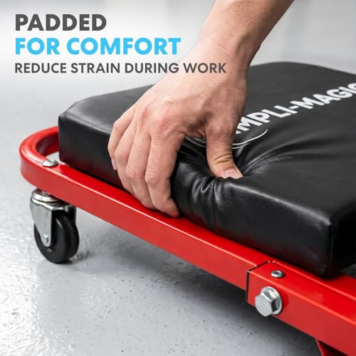 SIMPLI-Magic 2-in-1 Mechanic Creeper and Seat, Adjustable Rolling Automotive Creeper with Padded Cushion and Casters, Red