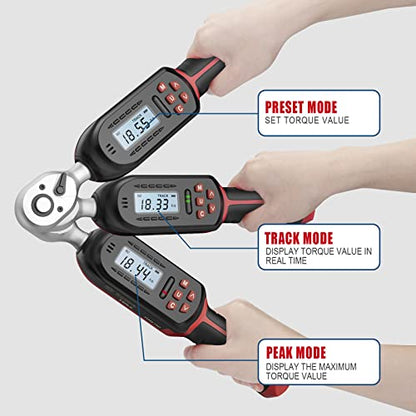 VANPO 3/8 Inch Digital Torque Wrench with Preset Values, 2.2-44.3 Ft-lbs/3-60Nm, Buzzer and LED Notification, Small Electronic Torque Wrench for Motorcycles | 3-60Nm, Small Electronic Torque Wrench with Preset Value, Buzzer and LED Notification or Motorcy