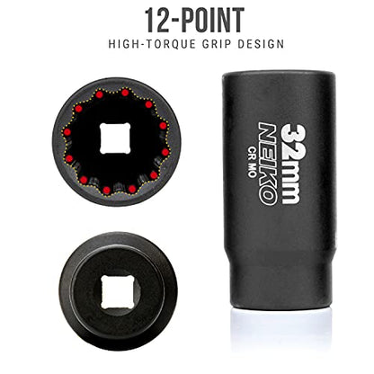 NEIKO 02523A 32mm Socket | 1/2” Drive Deep Impact Socket | Spindle & Axle Nut Socket | 12 Point |Chrome Molybdenum Cr-Mo |Deep Well Hub | Triple Square | Axle Shaft Nut Remover - size: 32 mm (Single)