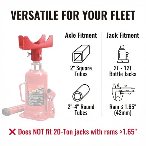 2-in-1 Bottle Jack Adapter with Triple-Lock for 3"/4" Round & 2" Square Axle Tubes - Universal Wobble-Free Fit for 2T-12T Bottle Jacks, Heavy Duty 1/4" Steel Saddle for RV, Truck, Trailer - color: Red