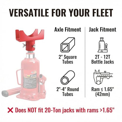 2-in-1 Bottle Jack Adapter with Triple-Lock for 3"/4" Round & 2" Square Axle Tubes - Universal Wobble-Free Fit for 2T-12T Bottle Jacks, Heavy Duty 1/4" Steel Saddle for RV, Truck, Trailer - color: Red