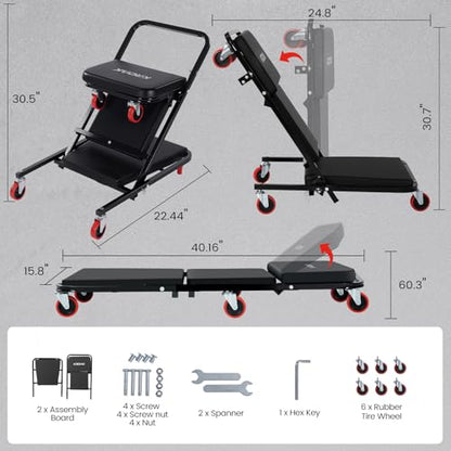 KROAK Creeper, 40 Inches 4 in 1 Z Creeper Seat 2025 Upgraded 450 lbs Capacity Garage Chair Adjustable Rolling Folding Car Creeper with 6 pcs 3" Wheels,Lay Down or Sit for Garage, Shop, Auto Repair