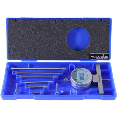 Accusize 0-22 in Digital Depth Gauge with Small-Hole Points, P103-0188 | 6 Connectable Rods, +/-0.001 in Accuracy, 0.0005 in Resolution, 4 in Base, 3/8 in Stem - size: 0-22" Digital
