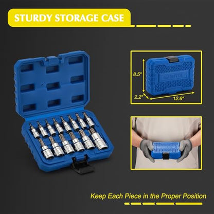 EMENTOL 14PCS Torx Bit Socket Set, CR-V, S2 Steel, 1/4", 3/8" and 1/2" Drive Star Bit Socket Set, T6 - T60 - size: 14PCS Standard Torx Bit Socket Set (T6-T60)