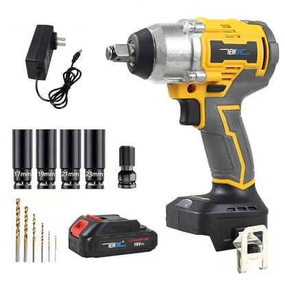 NEWONE Crodless Impact Wrench with 2.0AH Battery, 370 Ft-lbs (500N.m) Impact Gun 1/2 inch,20V Powered Brushless Motor Wrench with 6pcs Drill/Driver Bits,4 Sockets,Charger - color: Yellow Impact Wrench