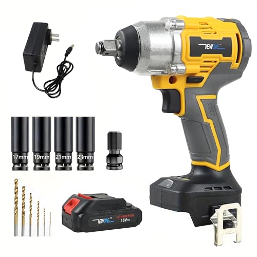 NEWONE Crodless Impact Wrench with 2.0AH Battery, 370 Ft-lbs (500N.m) Impact Gun 1/2 inch,20V Powered Brushless Motor Wrench with 6pcs Drill/Driver Bits,4 Sockets,Charger - color: Yellow Impact Wrench