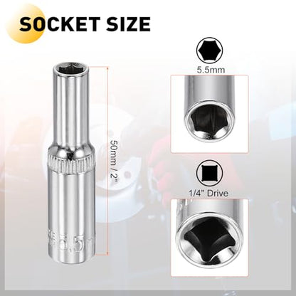 HARFINGTON Deep 6-Point Impact Socket 1/4" Drive 5.5mm Metric Socket 50mm (2") Long with 1/4" Hex Shank Adapter, CR-V Steel Socket Adapter Accessory Tool Set Kit for Hex Bolts Nuts - size: 5.5mm x 50mm