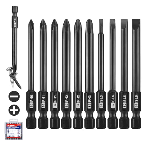 WORKPRO 10pcs Slotted Phillips Screwdriver Bit Set, S2 Steel Magnetic Screwdriver Bits Set, CNC Machined Tips, 1/4 Inch Hex Shank Driver Bits, 3 Inch Long Screwdriver Bits Set with Storage Box - color: Phillips&slotted