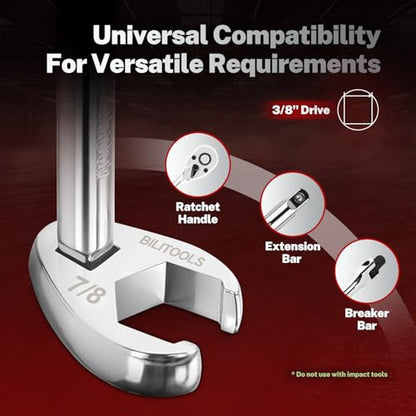 BILITOOLS 17PCS Crows Foot Wrench Set, 3/8" Drive Metric & SAE | Flare Nut Crowfoot Set (10-22mm, 3/8"-7/8"). 6-Point Flare Nut Design. CR-V Steel, EVA Organizer. - style: Crows Foot Wrench Set