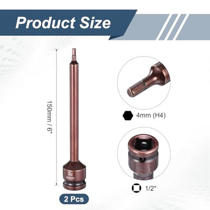 HARFINGTON 2pcs Impact Hex Bit Socket 1/2" Drive 4H (4mm) Hex Bits 6" Length S2 Steel Metric Impact Wrench Socket Adapter Tool for Automotive Repair Industrial Construction and Home DIY - size: H4 x 1/2" x 6"