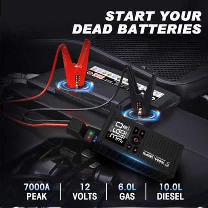 Jump Starter with Air Compressor, 7000A 180PSI Car Battery Jump Starter Jump Box (All Gas/10.0L Diesel), Battery Jumper Starter Portable Jumper Cables, Large LCD Display, LED Light Black