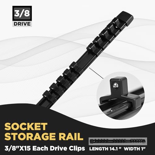 Heavy Duty Socket Holder Kit, ABS Socket Rail 3/8-Inch x 15 Clips Black, 3 Pieces - color: Black, size: 3PC 3/8x3