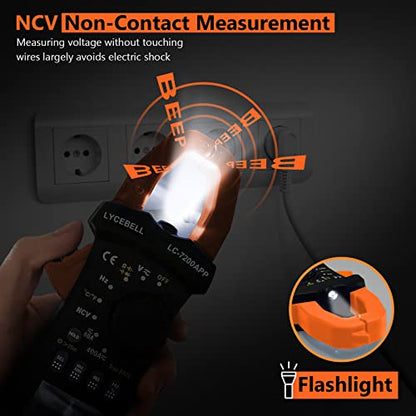 6000 Counts Clamp Meter & Bluetooth, Digital AC DC Voltage Current Amp Ohm Meter TRMS NCV Detector, Clamp Multimeter for Resistance Diode Continuity Temperature Car Electrical Tester 7200-APP