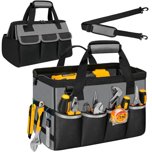 Portable Tool Bag Heavy Duty Tool Box Organizer with Shoulder Strap, Grey | Heavy-Duty Tool Tote With Wide Mouth Opening & Adjustable Shoulder Strap. Durable Storage Bag For Mechanics & Engineers. - color: Dark Grey & Black, size: L