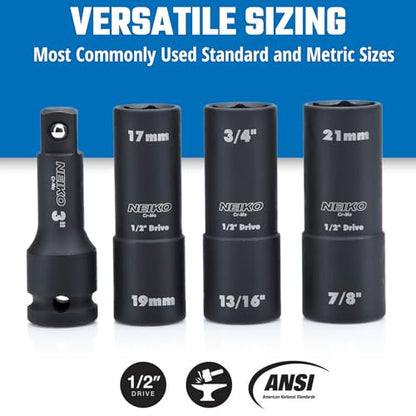 NEIKO 02281B 1/2" Drive Impact Flip Socket Set, Thin Wall Socket, 4 Piece Lug Nut Impact Socket Set, SAE and MM, 3” Extension Bar, Cr-Mo Steel, Impact Lug Nut Socket Set - size: 4 Piece, style: Flip Socket