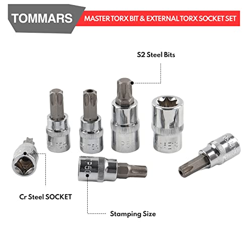TOMMARS 60-Pc Master Torx Bit Socket & External Socket Set | 1/4", 3/8", 1/2" Drive, S2 Steel Bits, CRV Sockets, E4-E24, T6-T70, TT6-TT70, TP8-TP60 - style: Torx Bit Socket and External Torx Socket Set