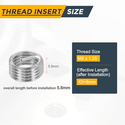 HARFINGTON 20pcs Wire Thread Repair Inserts M8 x 1.25 x 1D (8mm) Metric 304H Stainless Steel Helical Coiled Wire Screw Threaded Sleeve Sheath for Automotive Repairs - size: M8 x 1.25 x 1D