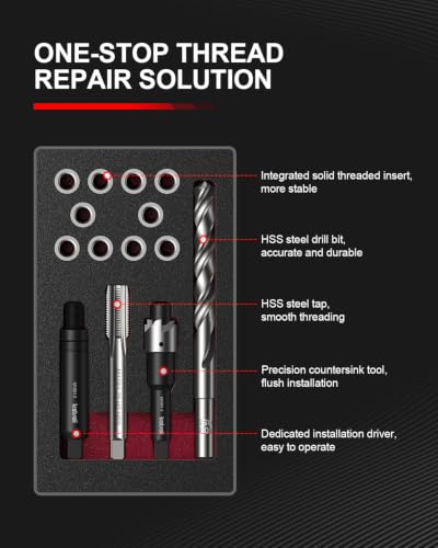 Kolvoii M10 X 1.25 Metric Thread Repair Kit with HSS Drill Bit, Tap, Counterbore and Installation Tool, 10 Solid 304 Stainless Steel Thread Inserts, 14mm Length, for Automotive and DIY Repairs - size: M10x1.25x14mm