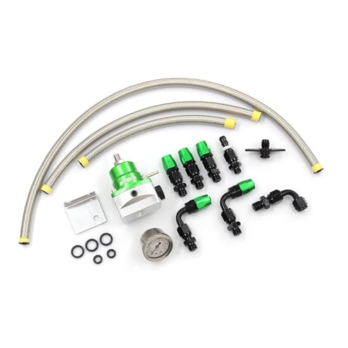 Adjustable Universal EFI Fuel Pressure Regulator Kit with 0-160psi Fuel Pressure Gauge and AN6-6AN Fuel Line Hose Fitting Connectors Kit (GREEN) - color: GREEN