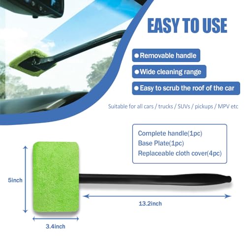 Car Windshield Cleaning Tool, Microfiber Window Cleaner with Long Handle & 4 Washable Reusable Cloth Pads, Auto Home Glass Wiper for Interior Exterior