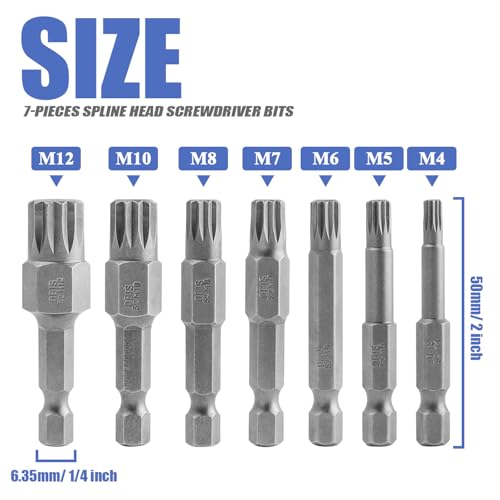 Mesee 7 Pieces 50mm Triple Square Spline Bit Set Quick Change 1/4" Hex Shank 12-Point Spline Drive Bits M4 M5 M6 M7 M8 M10 M12 Magnetic Screwdriver Bits for Mechanic Garage Repair Tools
