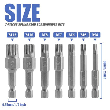 Mesee 7 Pieces 50mm Triple Square Spline Bit Set Quick Change 1/4" Hex Shank 12-Point Spline Drive Bits M4 M5 M6 M7 M8 M10 M12 Magnetic Screwdriver Bits for Mechanic Garage Repair Tools