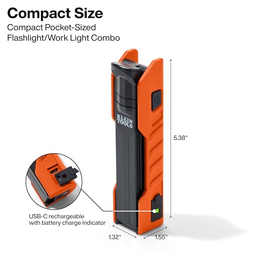 Klein Tools 56073 Foldable Handheld Work Light, 500-Lumen LED with 180-Degree Pivot and 270-Degree Rotation, USB-C Rechargeable Flashlight with Built-In Spotlight, Magnetic Base, IP54-Rated