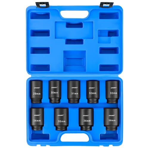 DASBET 1/2" Drive Deep Impact Socket Set | 9PCS 6 Point Metric 29-38mm Drive Spindle Axle Hub Nut Socket Set with Size Markings and Storage Case