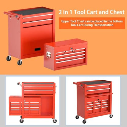 8-Drawer High Capacity Rolling Tool Chest, Removable Cabinet Storage Tool Box with Wheels and Drawers - color: Red