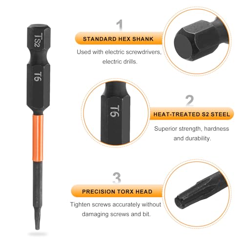 HARFINGTON 3pcs T6 Torx Head Screwdriver Bit 4" (100mm) Long 1/4" Hex Shank Magnetic No Hole Tamper Proof 6 Point Star Screw Driver Drill Bits Phosphate S2 Steel Industrial Power Tools - size: T6 x 100mm