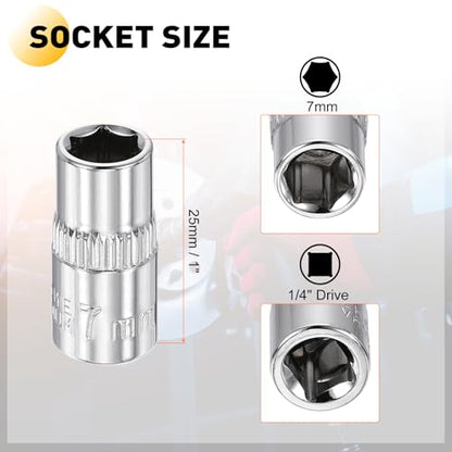 HARFINGTON Deep 6-Point Impact Socket 1/4" Drive 7mm Metric Socket 25mm (1") Long with 1/4" Hex Shank Adapter, CR-V Steel Socket Adapter Accessory Tool Set Kit for Hex Bolts Nuts - size: 7mm x 25mm