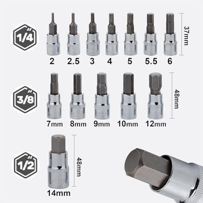 Hex Bit Socket Set Premium S2 Alloy Steel | 13-Piece Metric 2mm - 14mm Allen Socket Kit