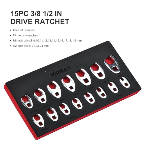 1/2" and 3/8”Drive Crowfoot Wrench Set, 15 Piece Metric Crows Foot Wrench Sizes 8mm-24mm, Chrome-Moly Flare Nut Wrench Set