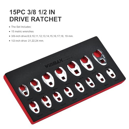 1/2" and 3/8”Drive Crowfoot Wrench Set, 15 Piece Metric Crows Foot Wrench Sizes 8mm-24mm, Chrome-Moly Flare Nut Wrench Set