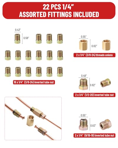 25 ft 3/16in &1/4in Copper Coated Brake Line Flaring Tool Kit, Includes 3-in-1 Tube Bender, Double & Single Flaring Tool Set, 1 Tube Cutter, 4 Threads Unions, 40 Fittings - color: 3/16 in & 1/4 inc Copper Coated
