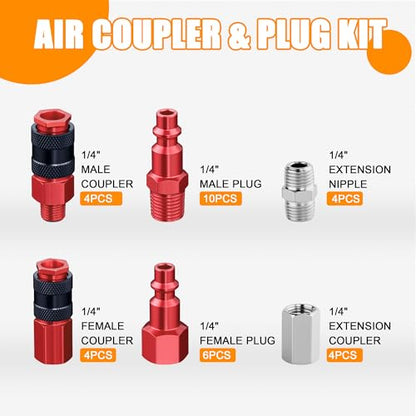34 PCS 1/4" Air Coupler and Plug Kit,1/4 Inch Lightweight Aluminium Universal Quick Air Hose Fittings Set for Air Compressor Accessories
