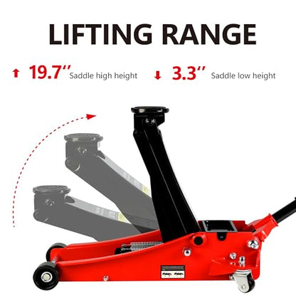 3T Low Profile Floor Jack, 6600 lb, Dual Pump, 3.3"-19.7", Red | Heavy-duty steel, dual-pump quick lift, ultra low profile, 3.3"-19.7" range, safety overload protection. - size: 3T Dual Pump 3.3"-19.7"(Red)
