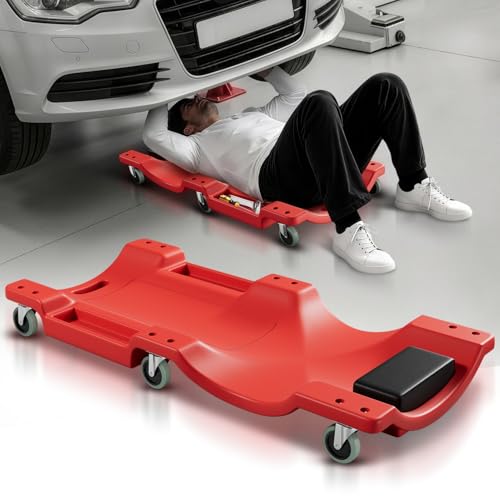 Auto Dynasty 40 Inches Mechanic Creeper, Automotive Garage Repair Low Profile Under Car Rolling Creeper with Padded Headrest, Plastic, Red - color: Red, size: 40" L
