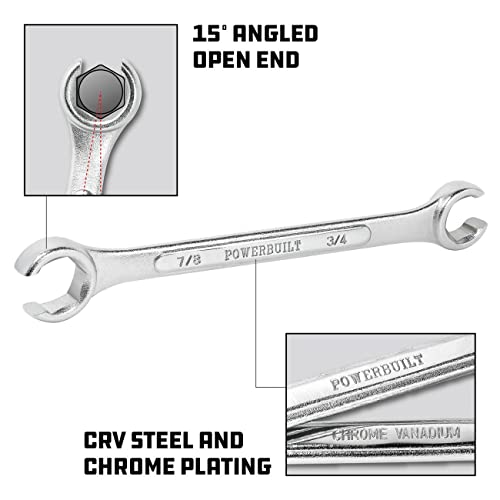 Powerbuilt 4 Piece SAE Flare Nut Wrench Set, Size Includes 3/8" x 7/16", 1/2" x 9/16", 5/8" x 11/16", 3/4" x 7/8" Flare Nut Wrench, Chrome-Vanadium made - 640185 - size: 4pc SAE, style: Flare Nut