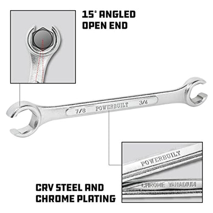 Powerbuilt 4 Piece SAE Flare Nut Wrench Set, Size Includes 3/8" x 7/16", 1/2" x 9/16", 5/8" x 11/16", 3/4" x 7/8" Flare Nut Wrench, Chrome-Vanadium made - 640185 - size: 4pc SAE, style: Flare Nut