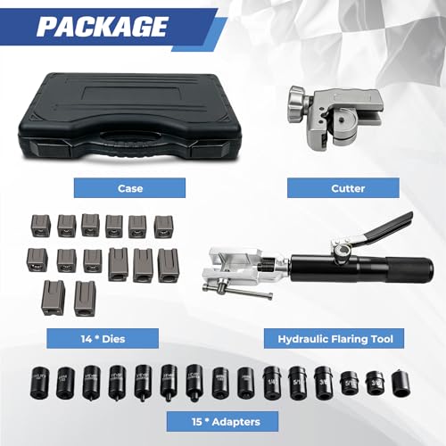 Hydraulic Flaring Tool Kit Universal Brake Line Flaring Tool Set for 45° Single Double Flare ISO Bubble GM Fuel line Push Connect Flare on 304 Stainless Steel/Steel and Soft Metal tubing
