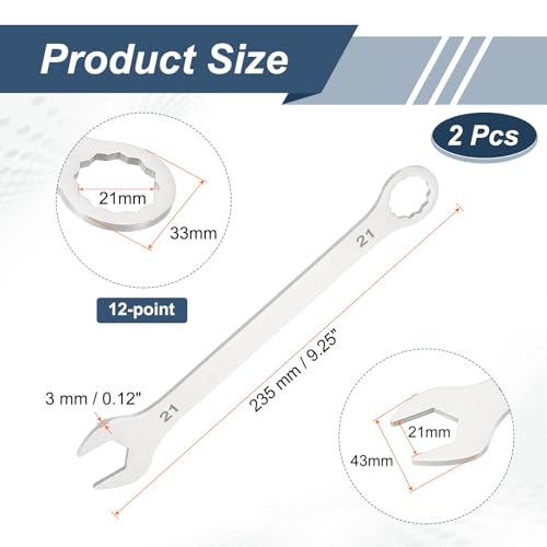 HARFINGTON 2Pcs Super Thin Combination Wrench 21mm Metric 12-Point Box and Open End Stainless Steel Double Ended Spanner Tool for Automotive Pipe Furniture Machinery DIY Repair, Silver - size: 21mm